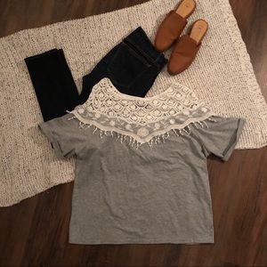 Gray shirt with crochet neckline